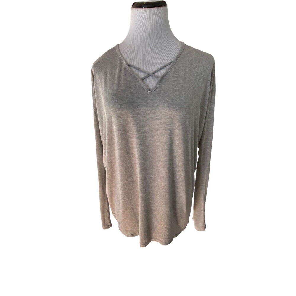 Francescas Alya Women's Hi-Low Tunic‎ Top Size S Gray Cross Cross V-Neck Hi-Low
